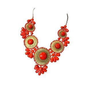 Vintage Zad Bohemian Romance Coral Color Gold Tone Statement Bib Necklace